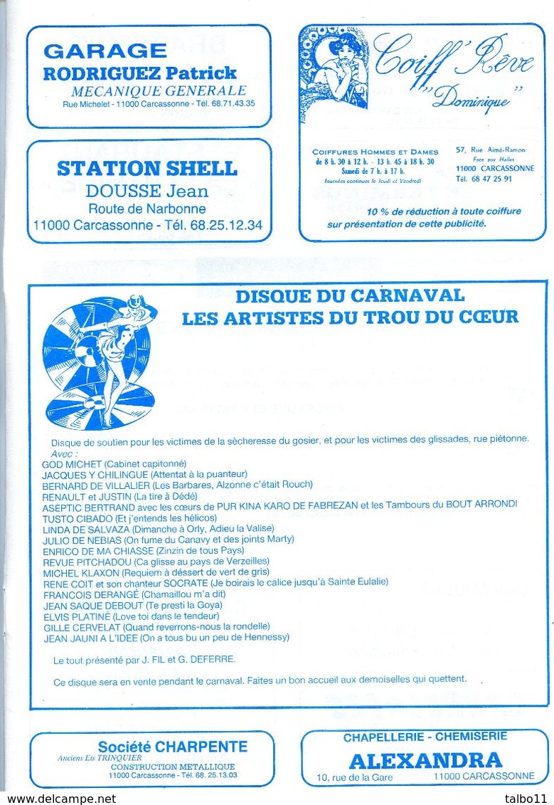 Programme Du Carnaval De Carcassonne 1987 - 24 Pages - Nombreux Textes Carnavalesques - Pub De Commercants - Andere & Zonder Classificatie