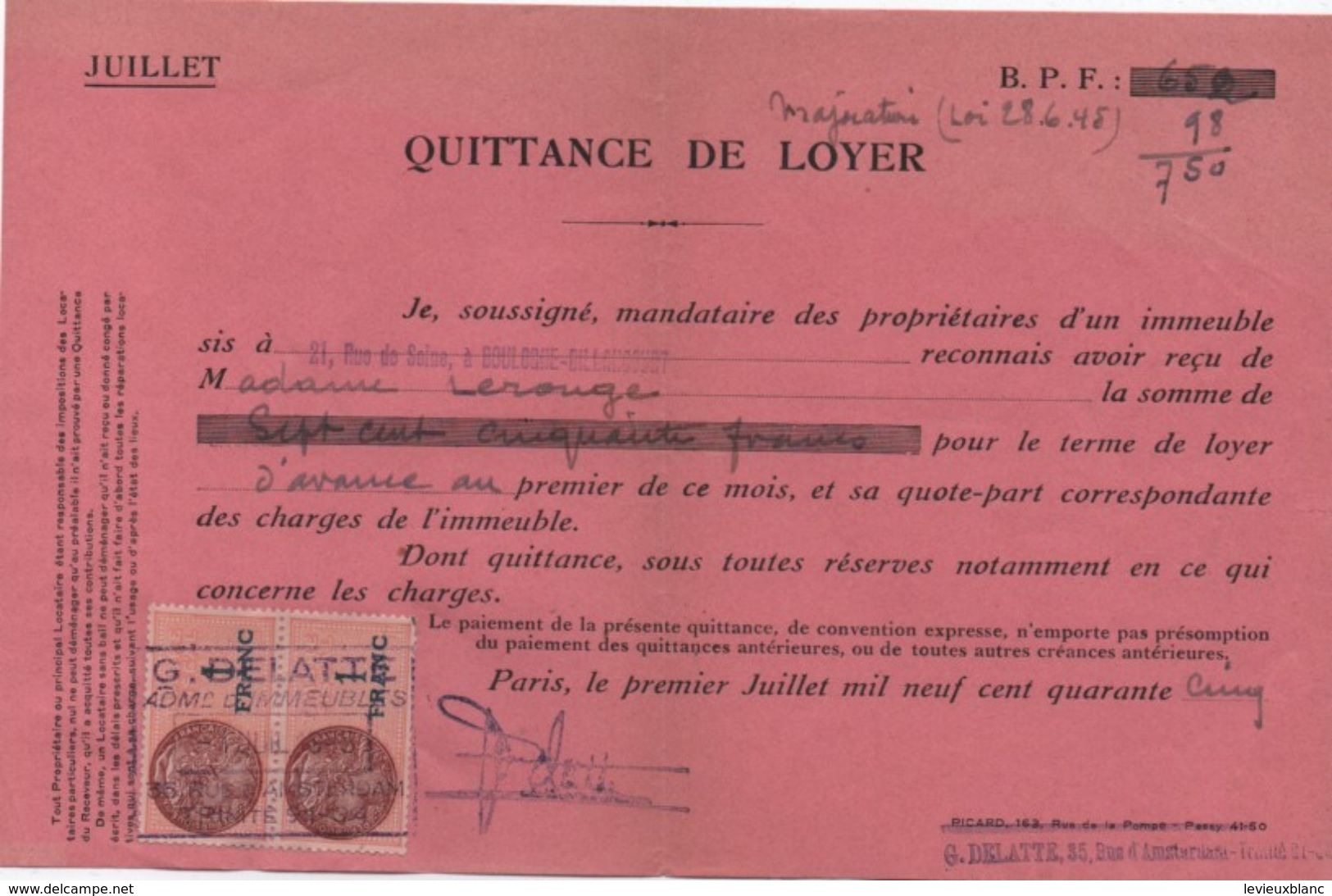 Quittance De Loyer /Reçu/Timbre Fiscal 1 Franc Et 1 Franc / Boulogne-Billancourt/ 1945                        QUIT17 - Non Classés