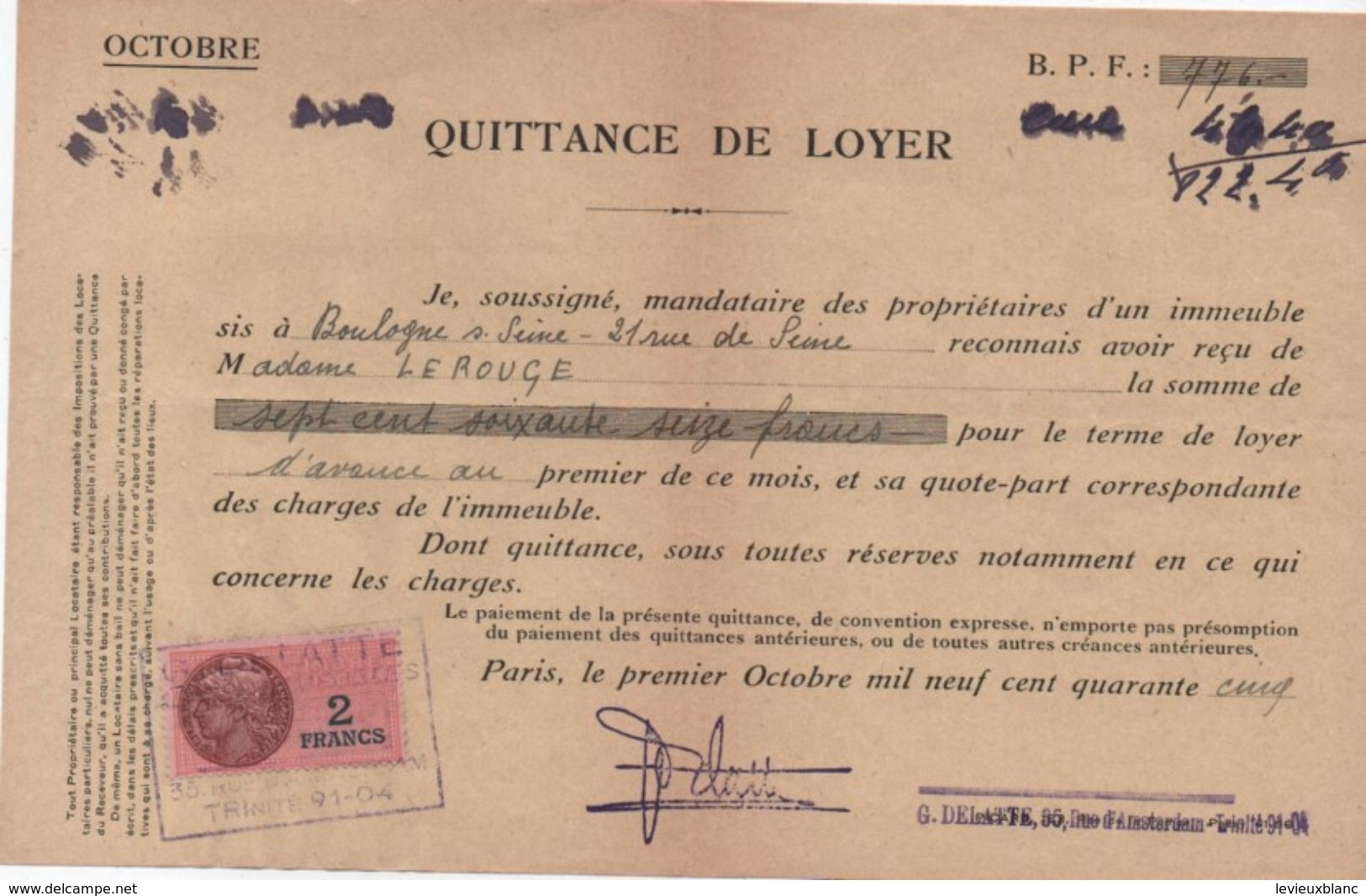 Quittance De Loyer /Reçu/Timbre Fiscal 2 Francs/ Boulogne-Billancourt/ 1945                        QUIT18 - Non Classés