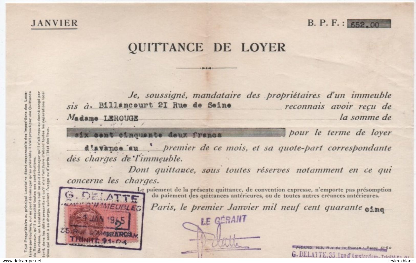 Quittance De Loyer /Reçu/Timbre Fiscal 2 Francs/ Boulogne-Billancourt/ 1945                        QUIT20 - Non Classés