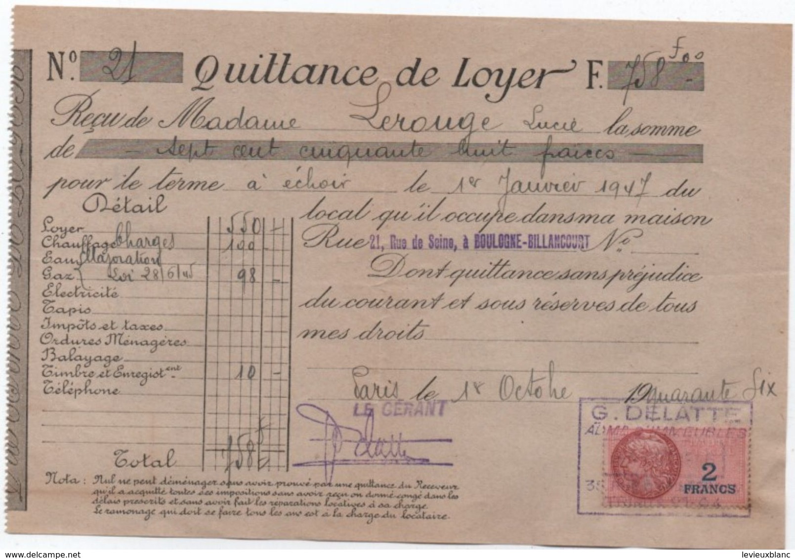 Quittance De Loyer /Reçu/Timbre Fiscal 2 Francs/ Boulogne-Billancourt/ 1945                        QUIT21 - Non Classés