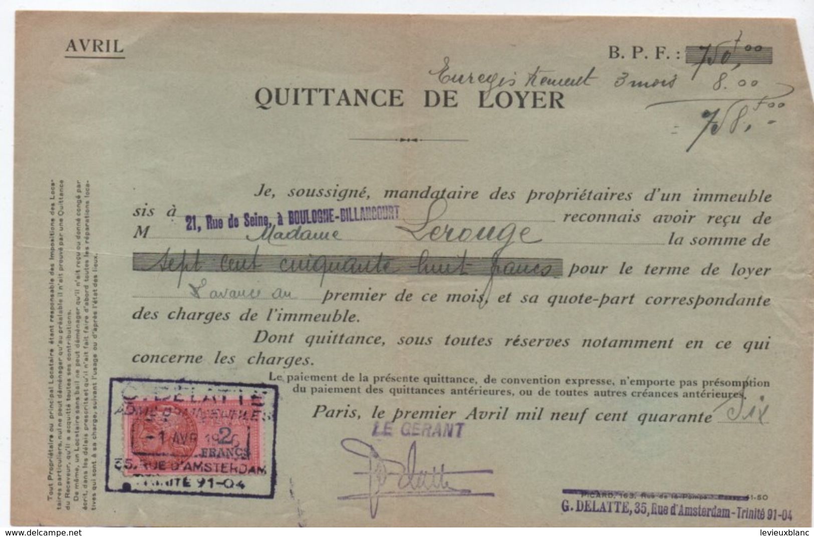 Quittance De Loyer /Reçu/Timbre Fiscal 2 Francs/ Boulogne-Billancourt/ 1946                       QUIT22 - Non Classés