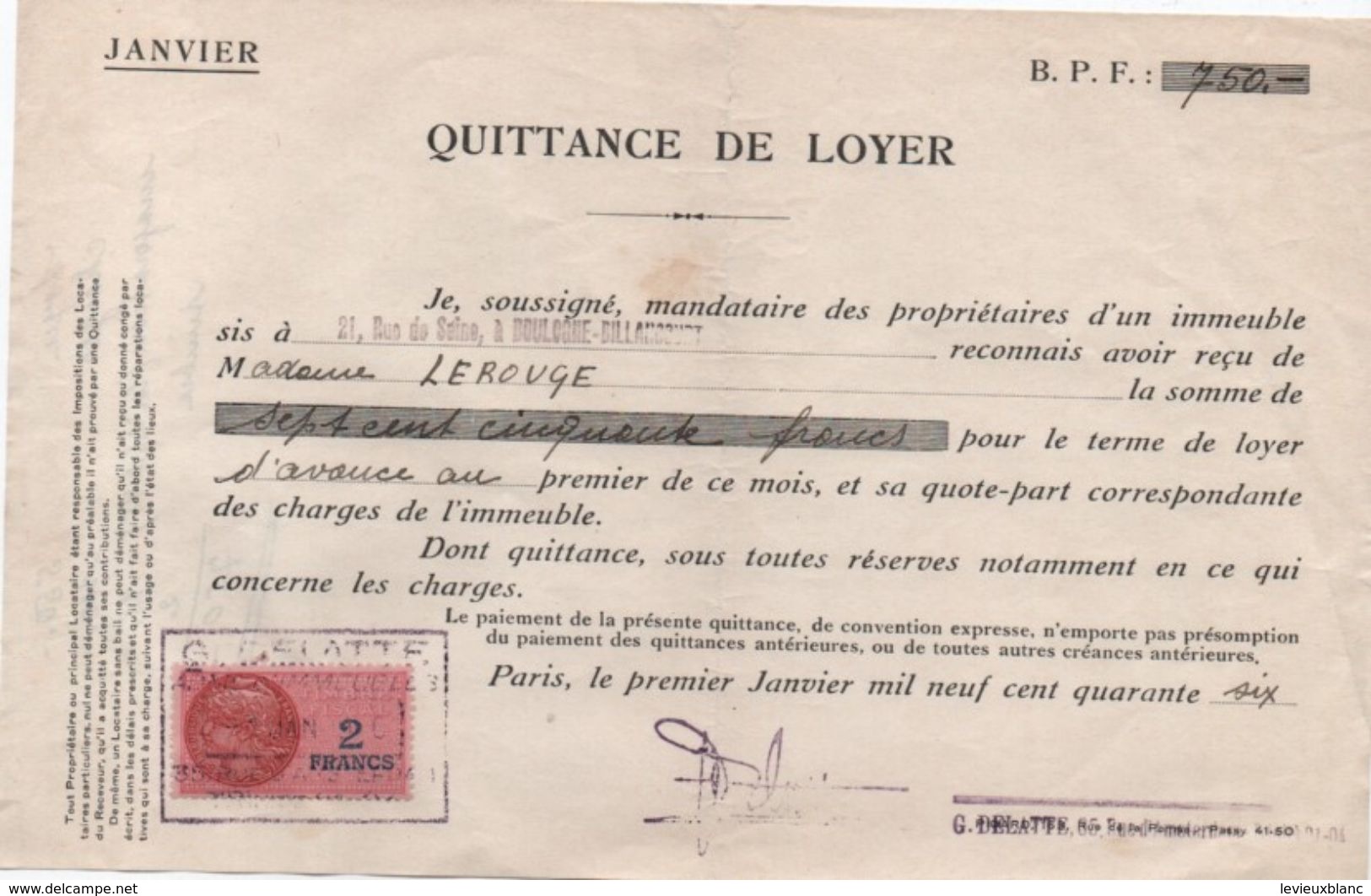 Quittance De Loyer /Reçu/Timbre Fiscal 2 Francs/ Boulogne-Billancourt/ 1946                       QUIT23 - Non Classés