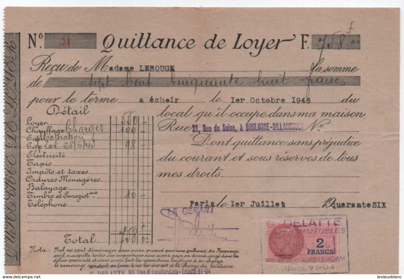 Quittance De Loyer /Reçu/Timbre Fiscal 2 Francs/ Boulogne-Billancourt/ 1946                       QUIT24 - Non Classés