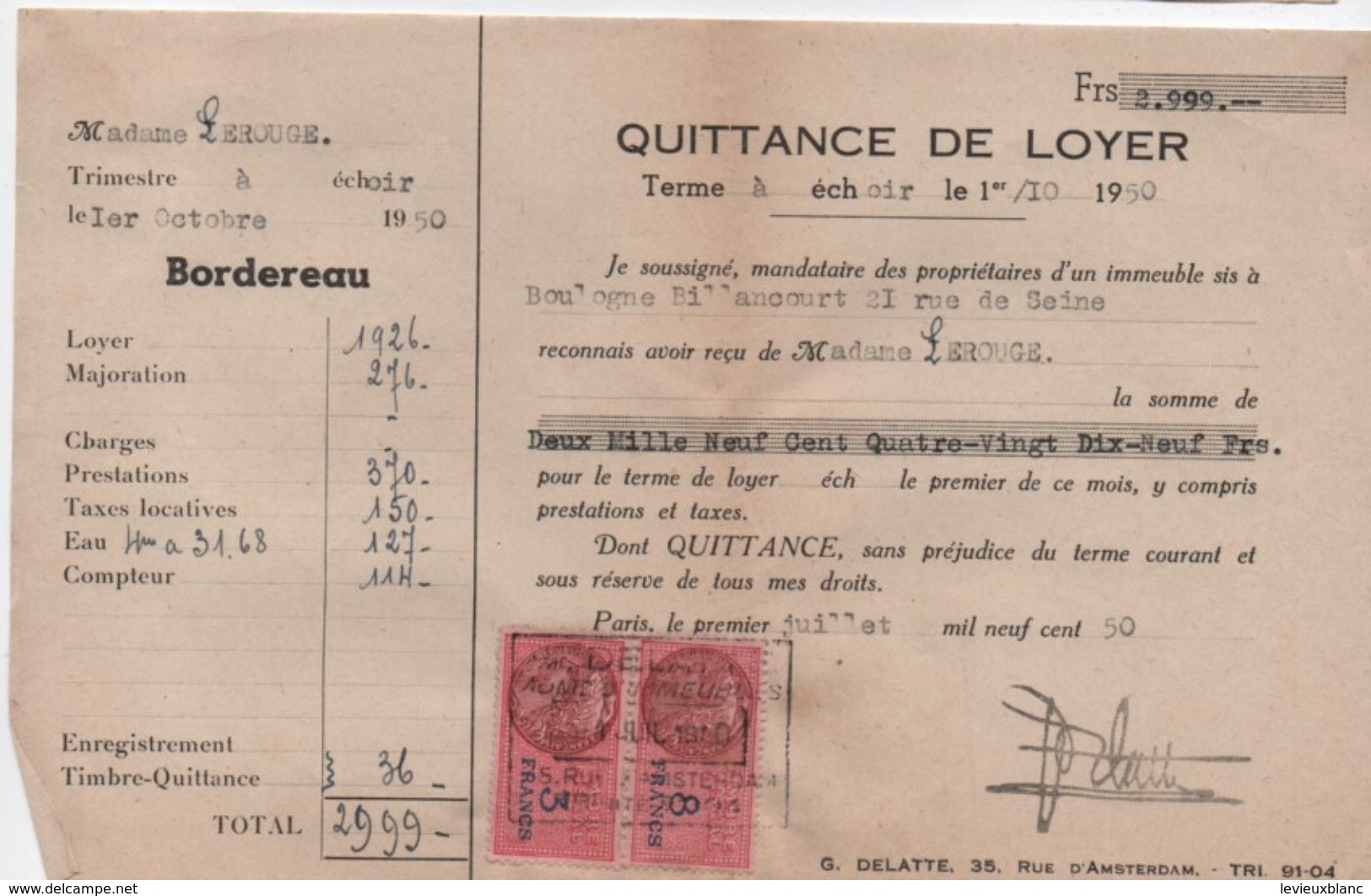 Quittance De Loyer /Reçu/Timbre Fiscal 8 Francs , Et 3 Francs / Boulogne-Billancourt/ 1950       QUIT30 - Non Classés