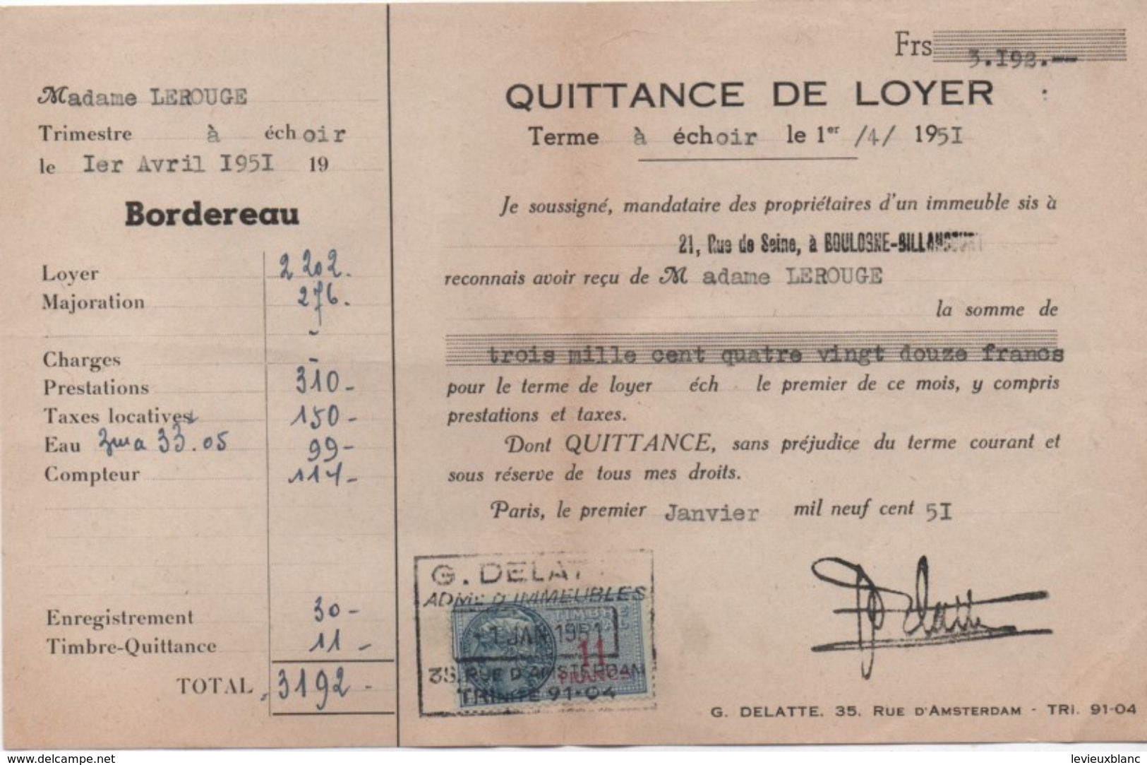 Quittance De Loyer /Reçu/Timbre Fiscal 11 Francs/ Boulogne-Billancourt/ 1951       QUIT31 - Non Classés