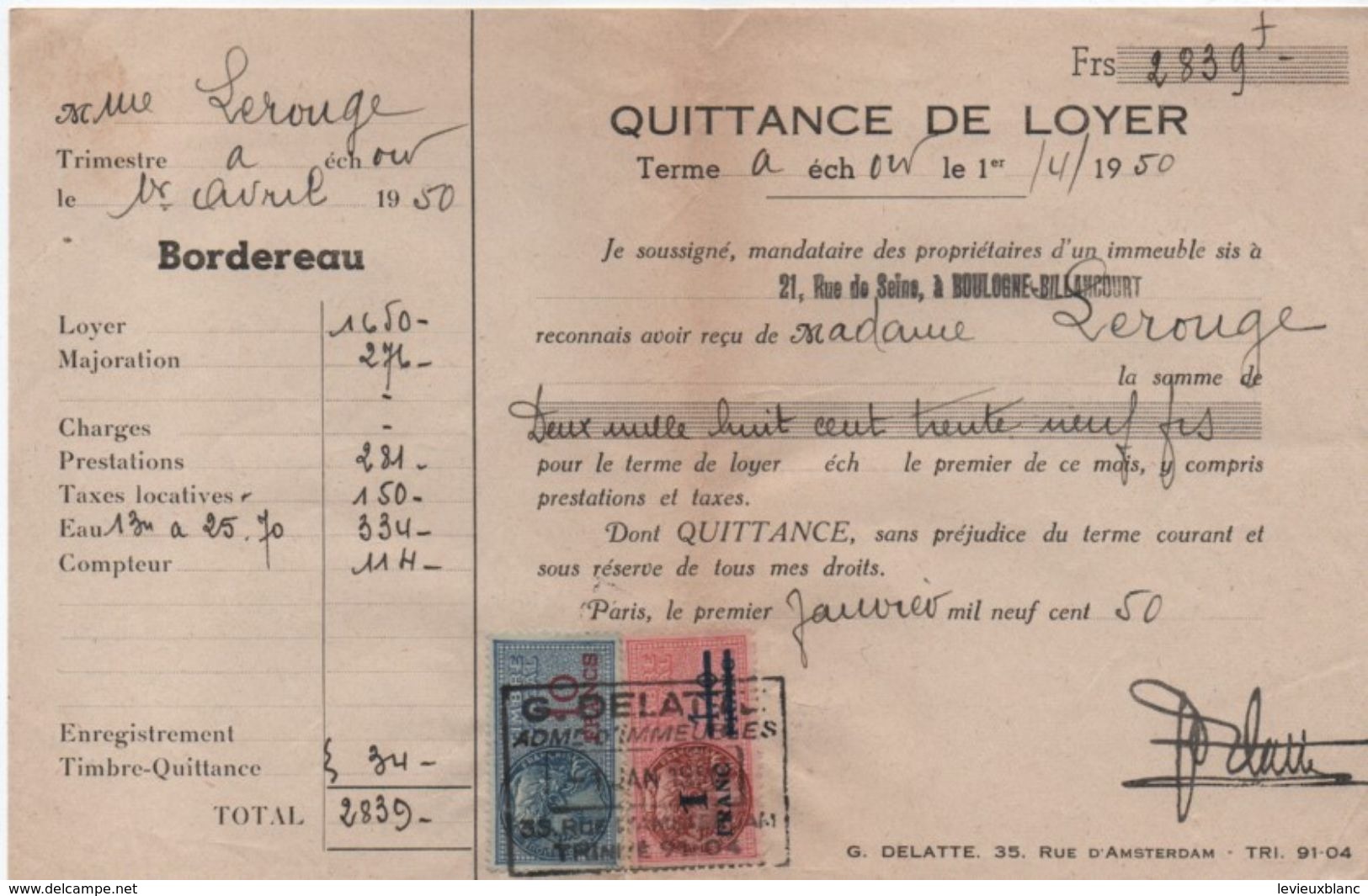 Quittance De Loyer /Reçu/Timbre Fiscal 10 Francs Et 1,10 Surchargé/ Boulogne-Billancourt/ 1950       QUIT32 - Non Classés