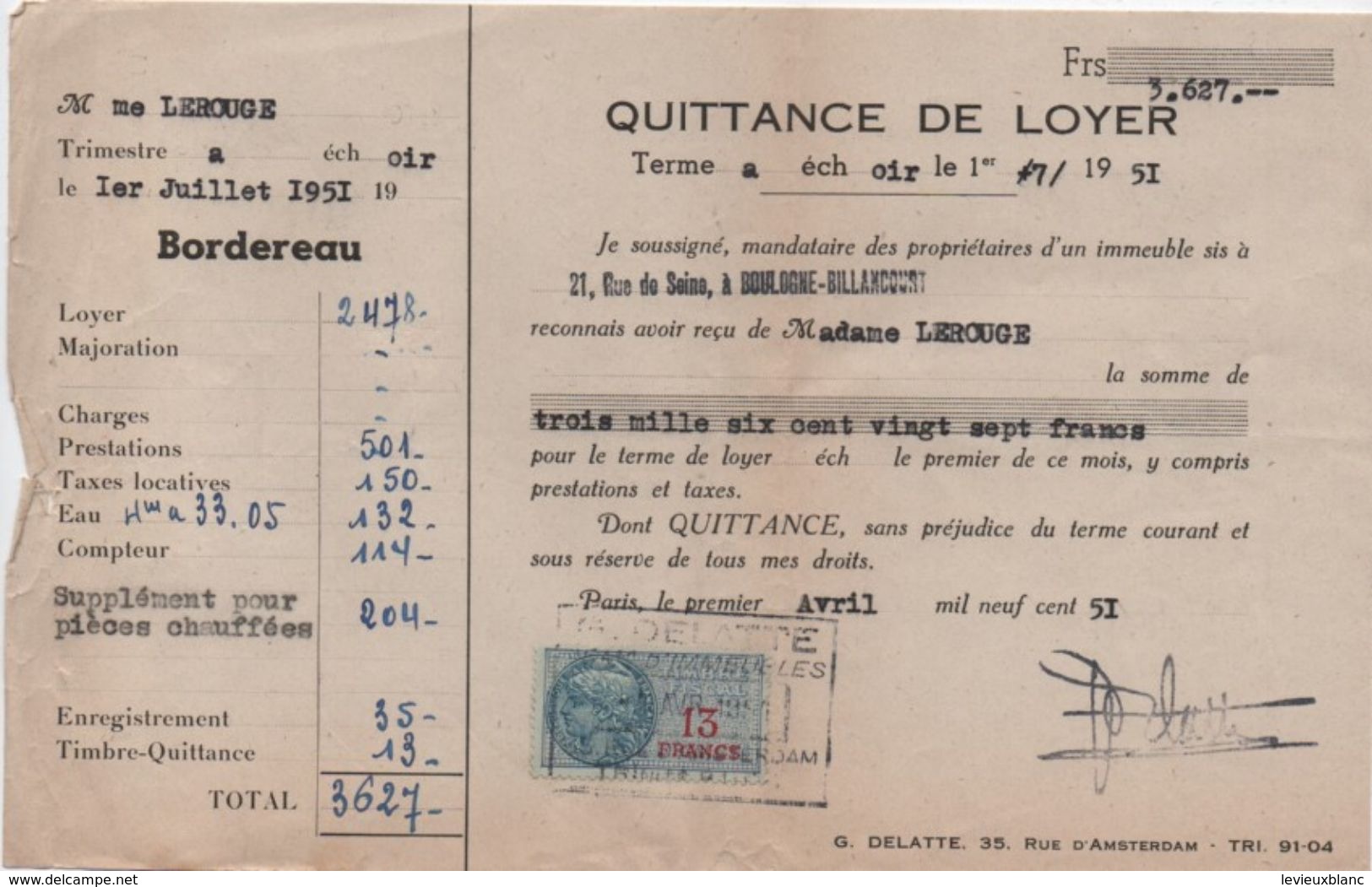 Quittance De Loyer /Reçu/Timbre Fiscal 13 Francs / Boulogne-Billancourt/ 1951       QUIT34 - Non Classés