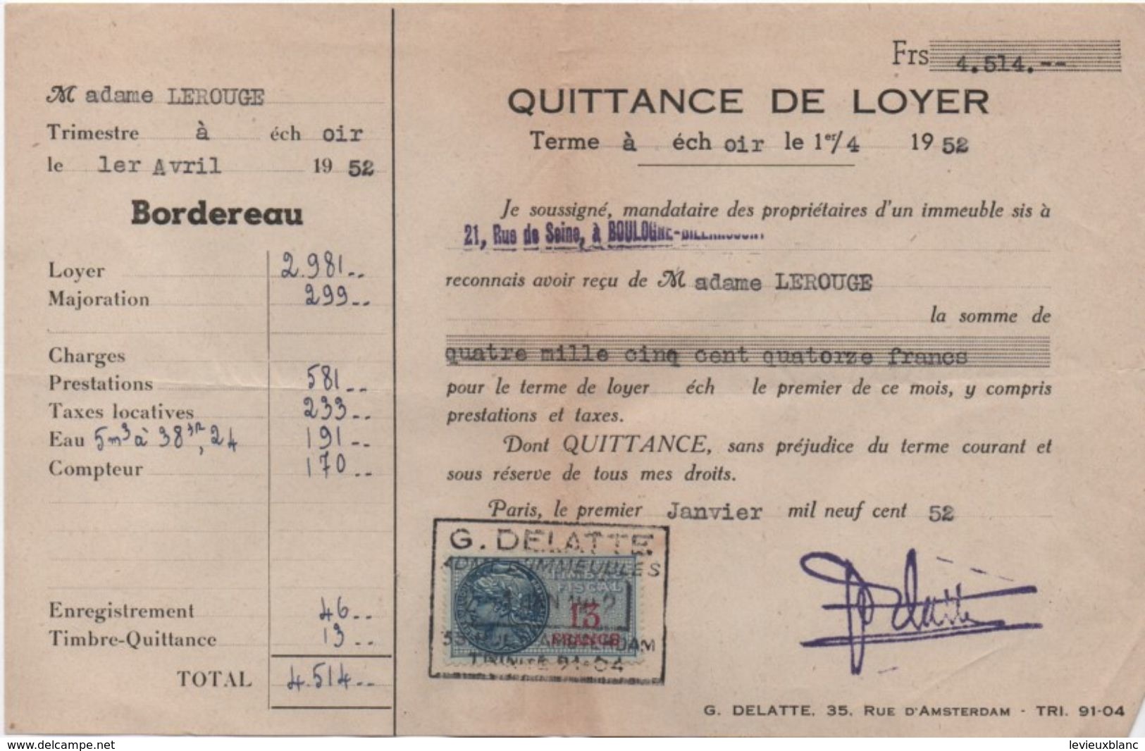 Quittance De Loyer /Reçu/Timbre Fiscal 13 Francs / Boulogne-Billancourt/ 1952       QUIT35 - Non Classés