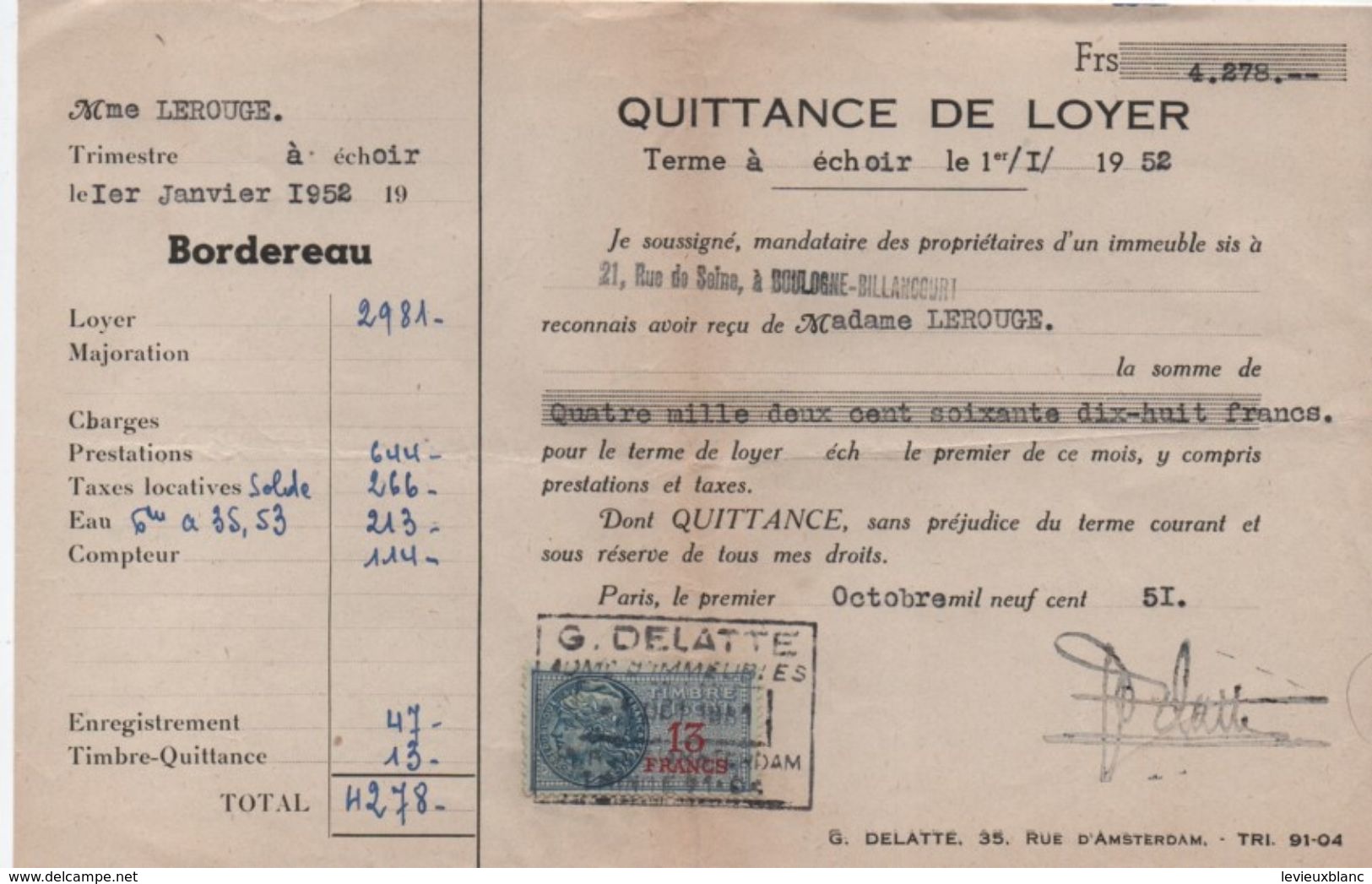 Quittance De Loyer /Reçu/Timbre Fiscal 13 Francs / Boulogne-Billancourt/ 1951       QUIT36 - Unclassified