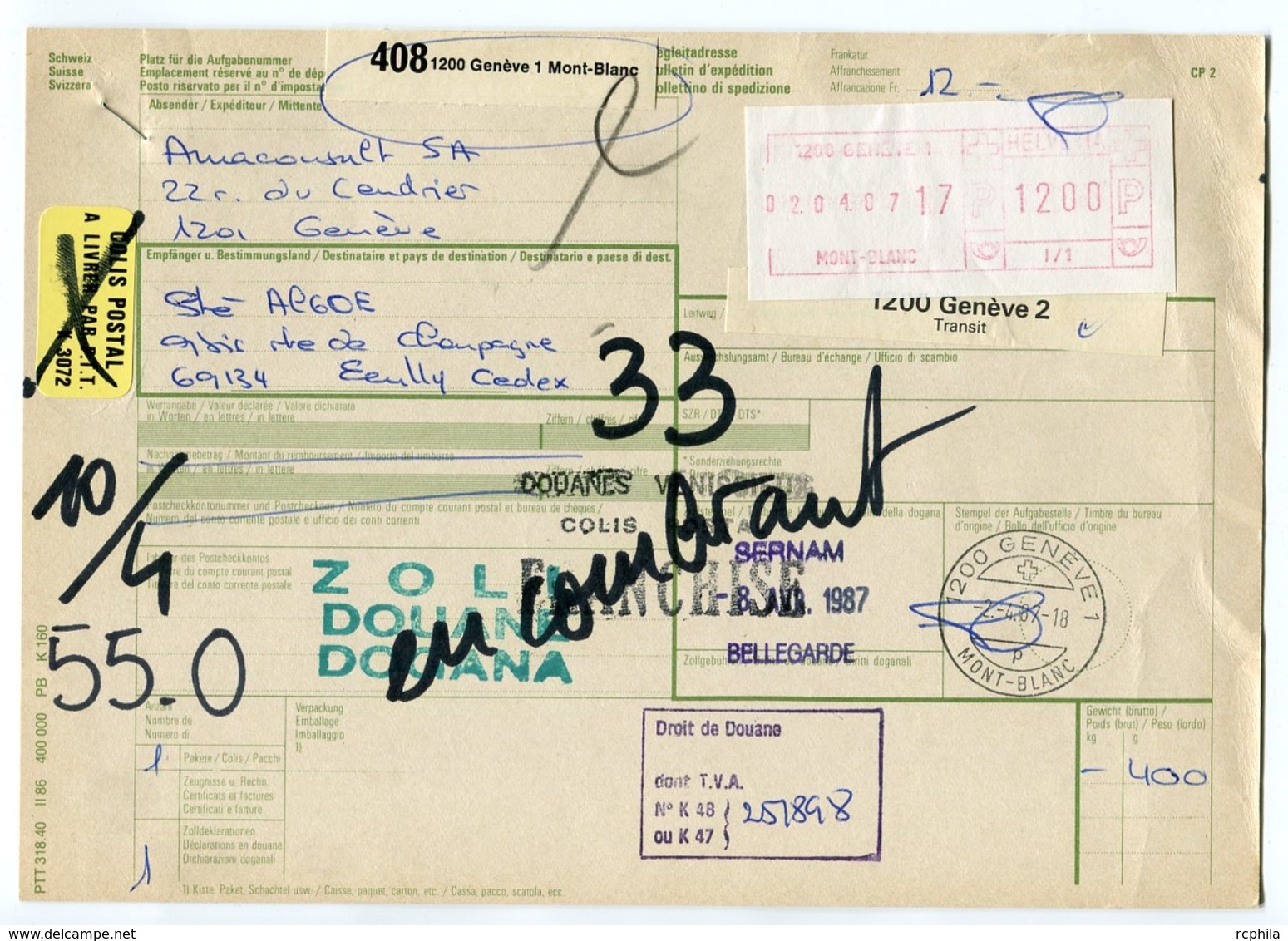 RC 8104 SUISSE 1987 BULLETIN D'EXPÉDITION DE GENEVE POUR LA FRANCE - Cartas & Documentos