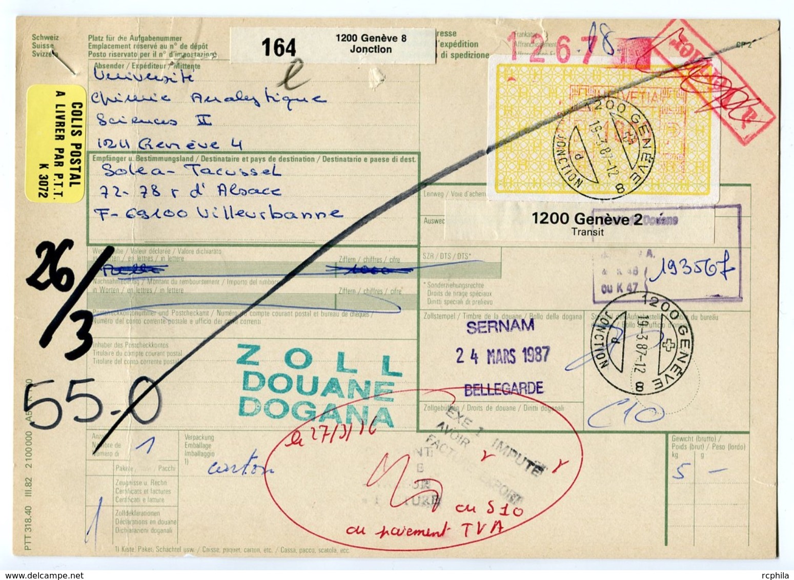 RC 8114 SUISSE 1987 BULLETIN D'EXPÉDITION DE GENEVE POUR LA FRANCE - Cartas & Documentos