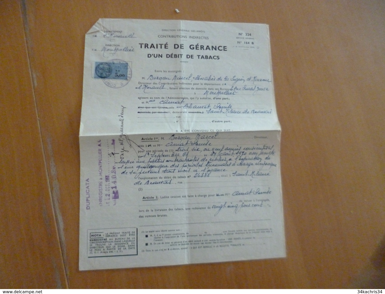 Traité De Gérance D'un Débit  De Tabac Montpellier 1961 - Dokumente