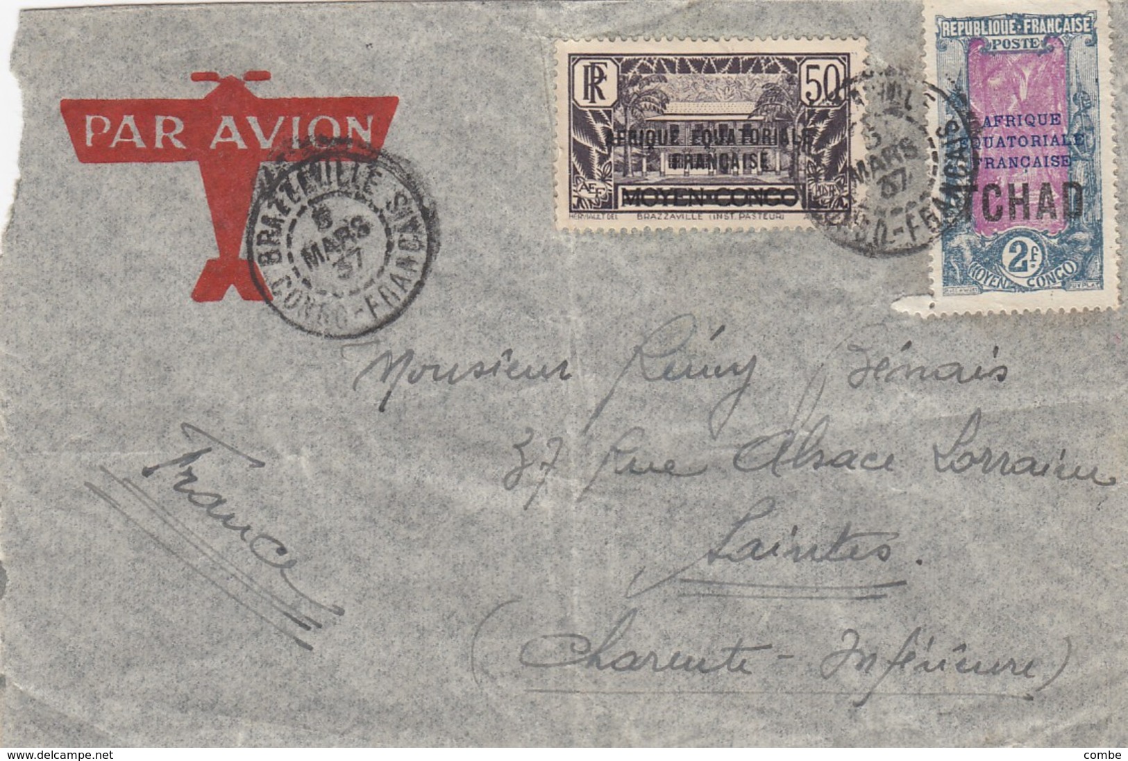 LETTRE  BRAZZAVILLE CONGO. 8 MARSV 37. AVEC UN TIMBRE AEF ET 2F TCHAD   / 2 - Storia Postale