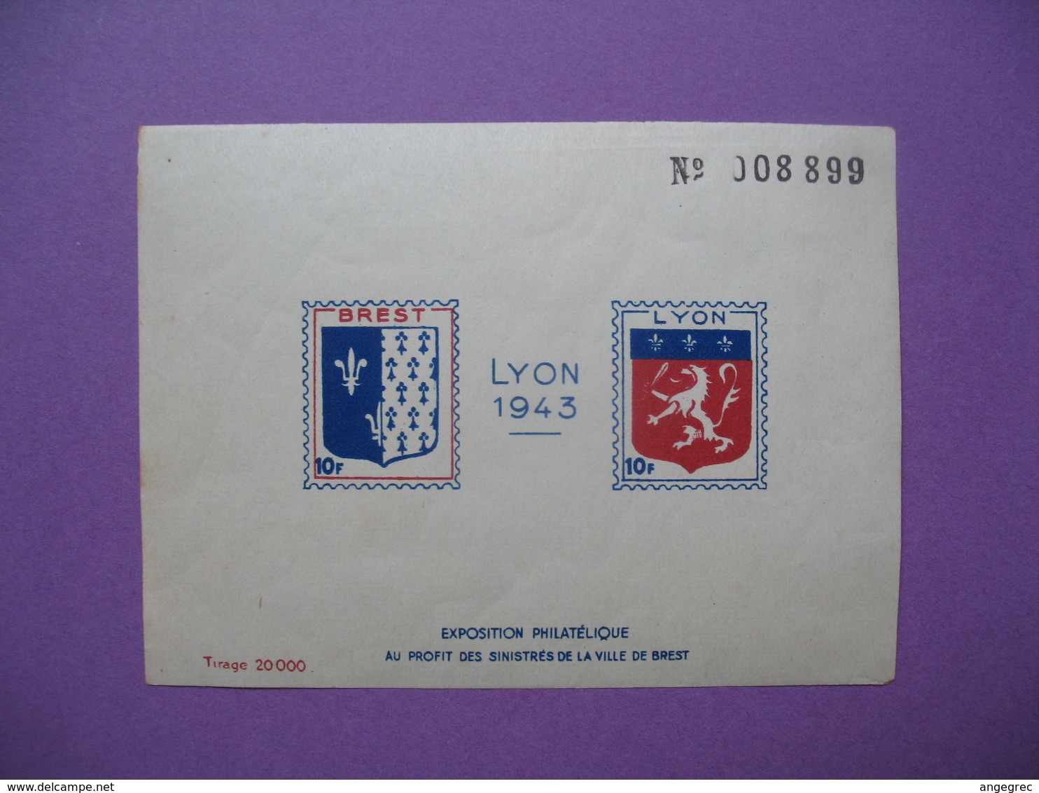 Bloc Feuillet  Exposition Philatélique    Brest - Lyon 1943 N° 8899 / 20 000 - Philatelic Fairs