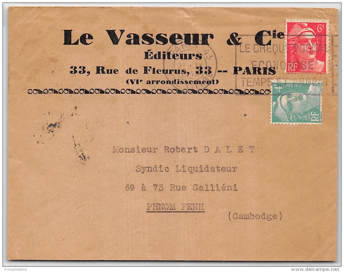 LETTRE  DE PARIS 1948 AFFRANCHIE AVEC GANDON =&gt; CAMBODGE INDOCHINE COVER - 1921-1960: Période Moderne