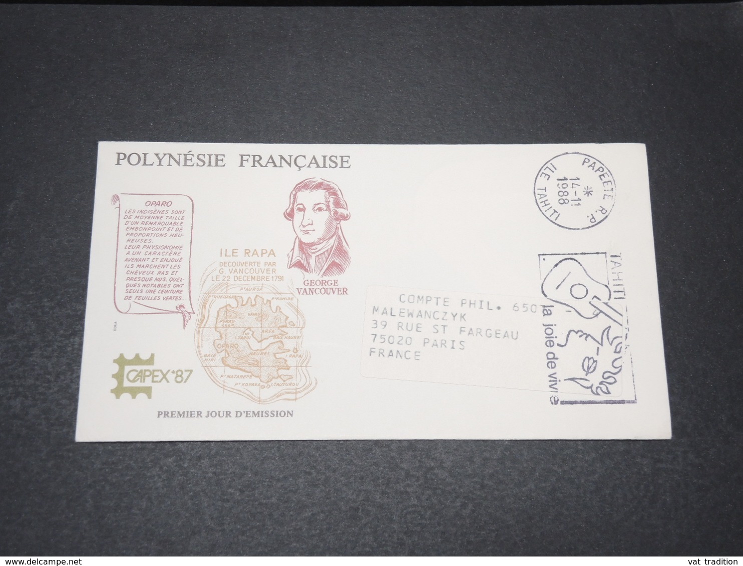 POLYNÉSIE - Enveloppe De Papeete Pour Paris En 1988 , Enveloppe 1 Er Jour Sans Affranchissement - L 15500 - Lettres & Documents