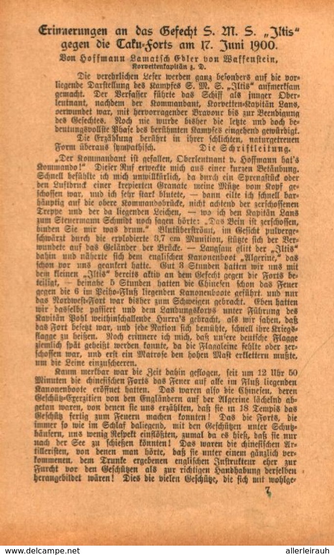 Erinnerungen An Das Gefecht S.M.S. "Iltis Gegen Die Taku-Forts /Artikel,entnommen Aus Zeitschrift /Datum Unbekannt - Pacchi