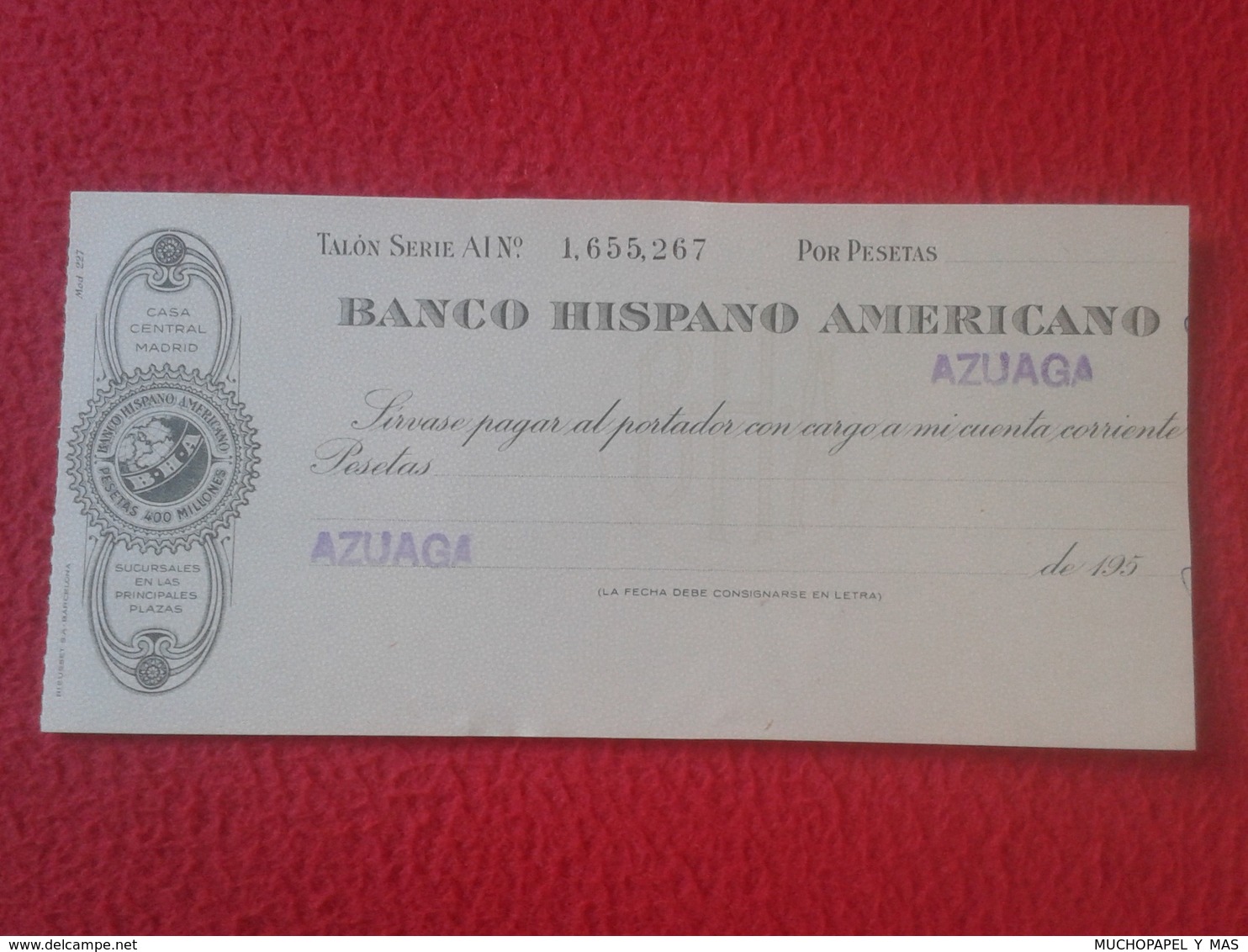 ANTIGUO TALÓN, CHEQUE, PAGARÉ O SIMILAR DOCUMENTO BANCO HISPANO AMERICANO SPANISH BANK CHECK SPAIN ESPAÑA VER FOTO/S Y D - España