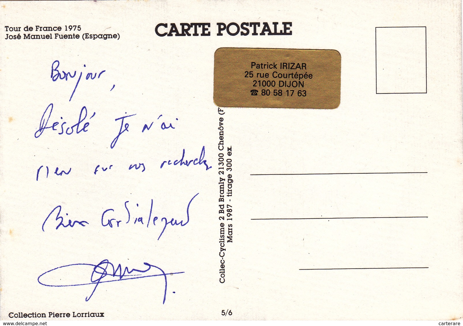 TOUR DE FRANCE 1975,josé Manuel Fuente,espagne,coureur Espagnol,collection Pierre Lorriaux,tirage 300 Exemplaires, - Cycling
