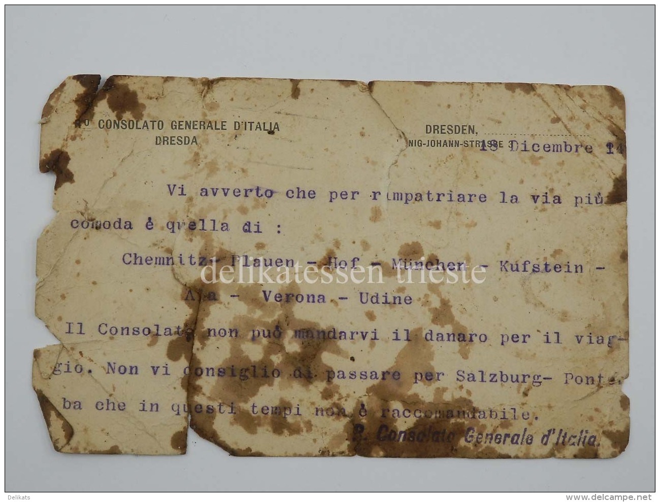 DRESDA DRESDEN Consolato D'Italia 1 WW Vecchio Documento 1914 Rimpatrio - 1914-18