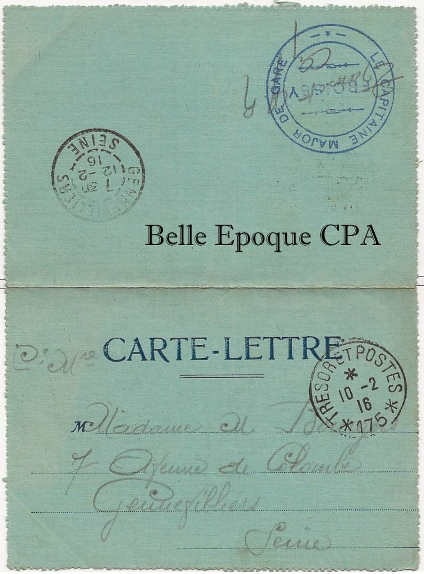 Militaria / CARTE-LETTRE - 1916 +++ FROISSY ---> GENNEVILLIERS +++ FM / Capitaine-Major De Gare / Trésor Et Postes 175 - Lettres & Documents