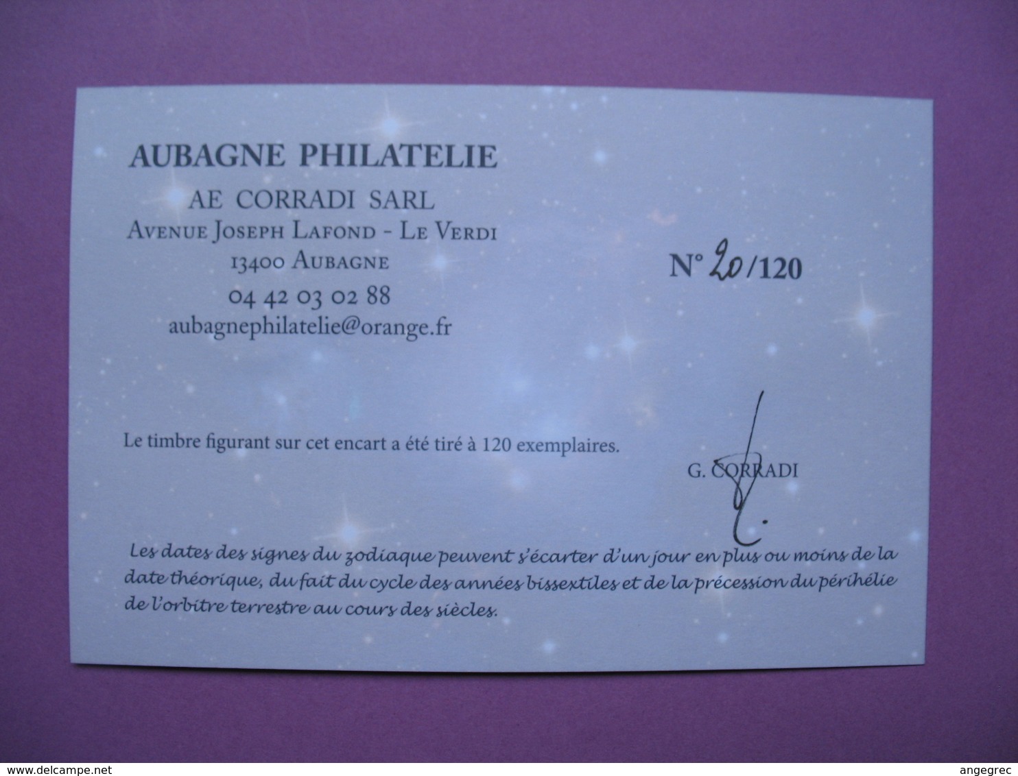 Pièce De Collection Aubagne Philatélie   N° 20/120  Signe Du Zodiaque Bélier (Je Suis )  Avec Timbre - Autres & Non Classés