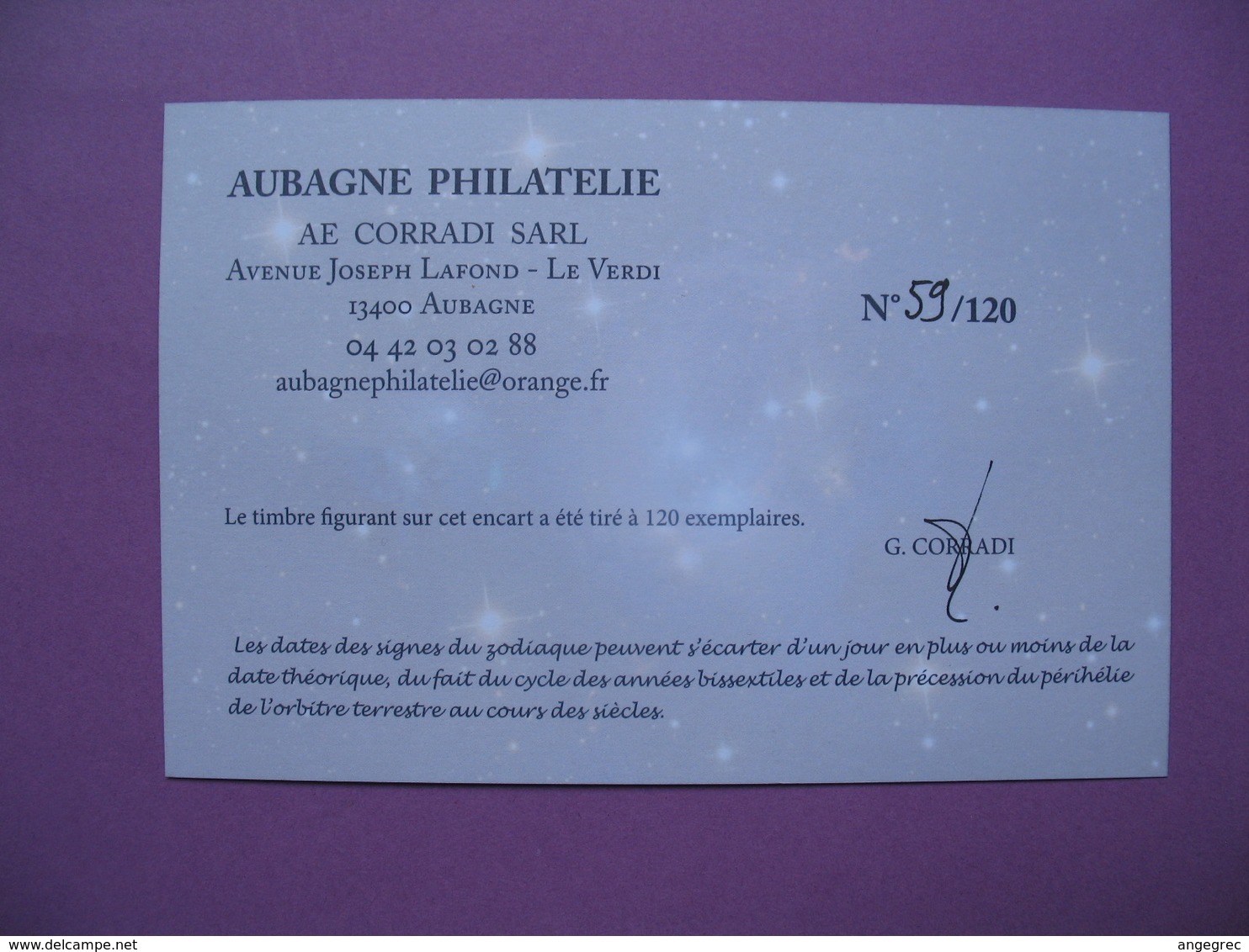 Pièce De Collection Aubagne Philatélie   N° 59/120  Signe Du Zodiaque Bélier (Je Suis )  Avec Timbre - Autres & Non Classés