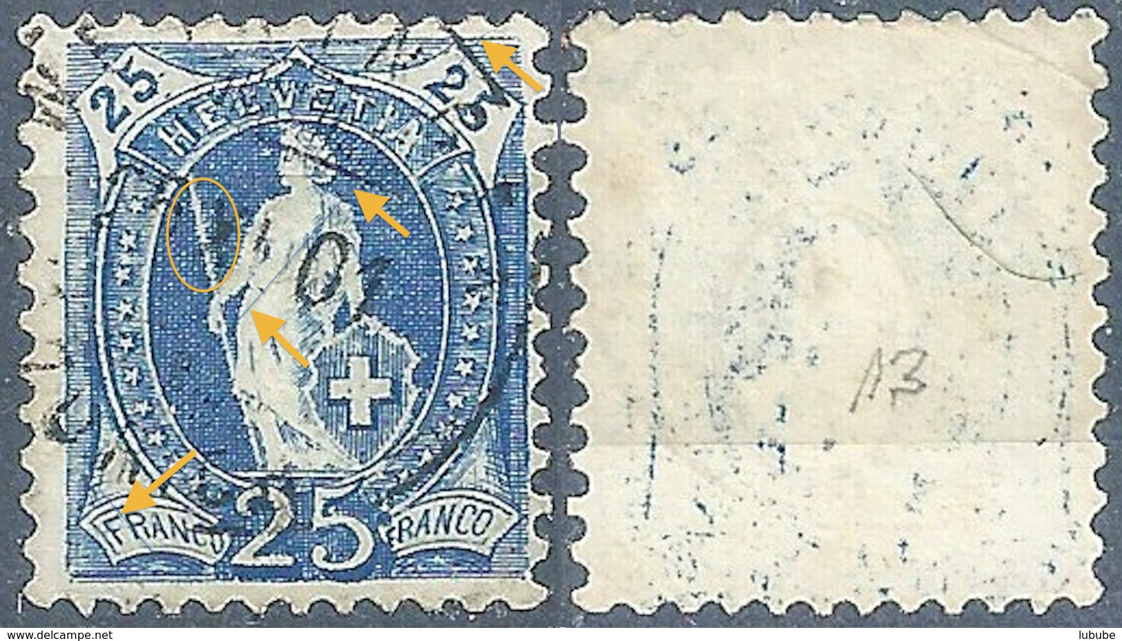 Stehende Helvetia 73D, 25 Rp.blau  (rs Abklatsch / Abart)       1901 - Gebraucht