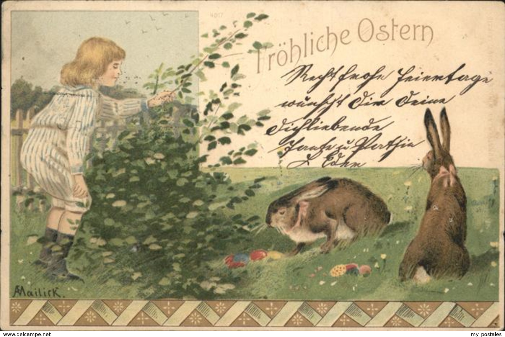 11242506 Mailick Ostern Hasen Kind Kuenstlerlitho - Kley