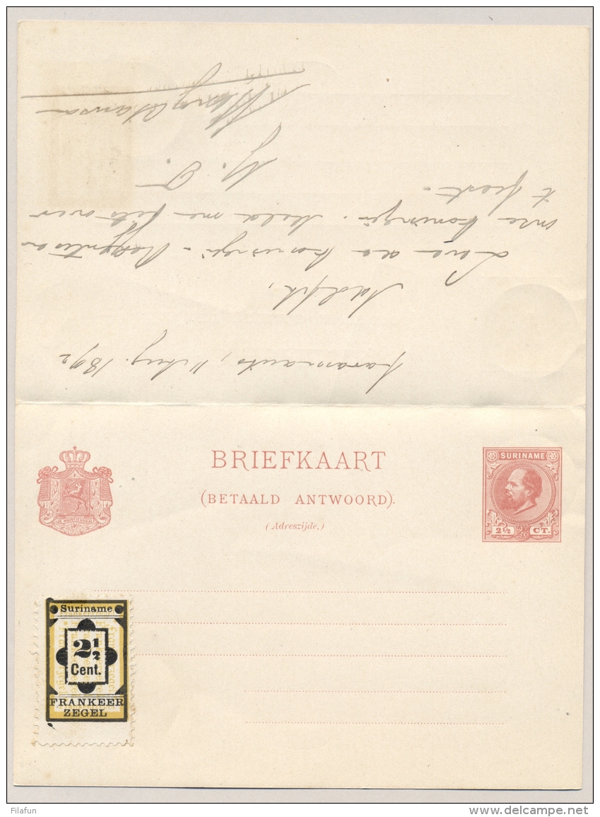 Suriname - 1892 - 2,5 cent Hulpzegel op 2,5+2,5 cent Briefkaart G8 - Stoomschepen Rechtstreeks naar Amsterdam