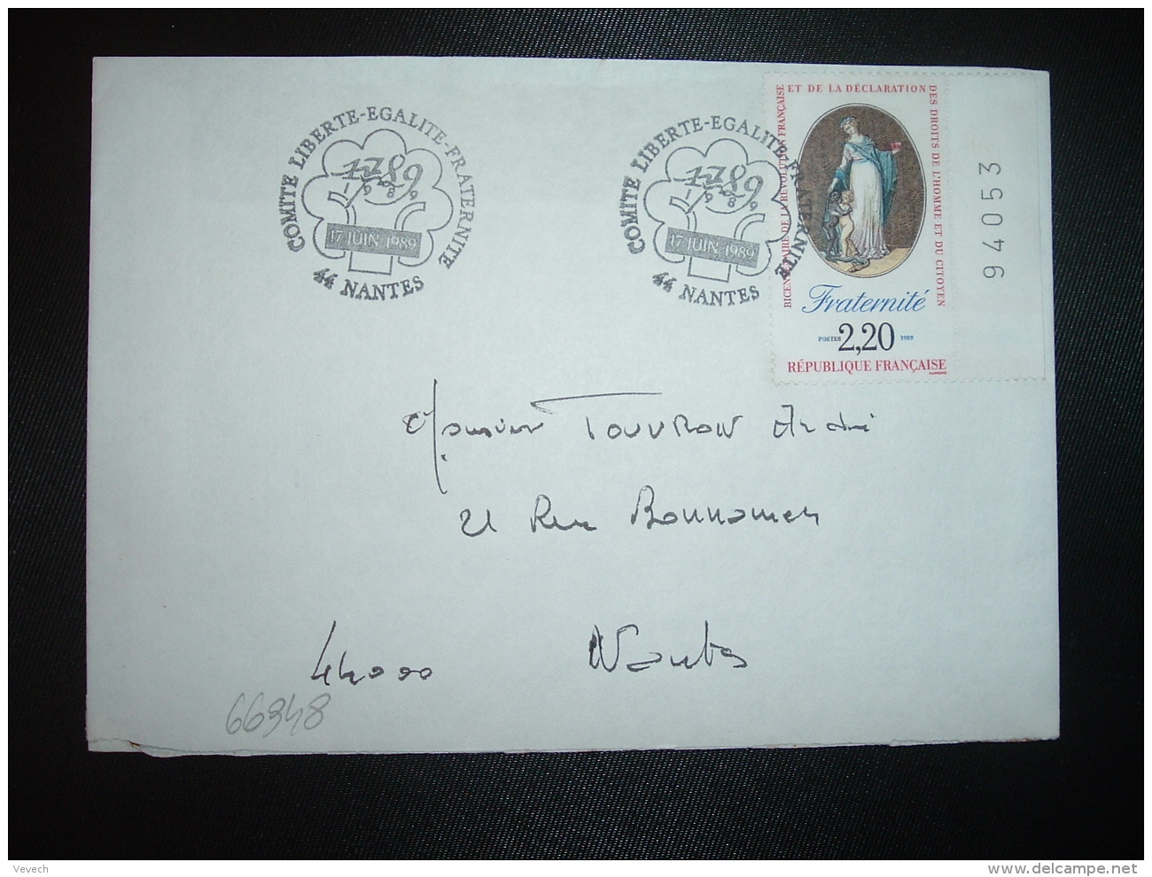 LETTRE TP FRATERNITE 2,20 BORD DE FEUILLE Numéroté OBL.17 JUIN 1989 44 NANTES COMITE LIBERTE EGALITE FRATERNITE - Révolution Française