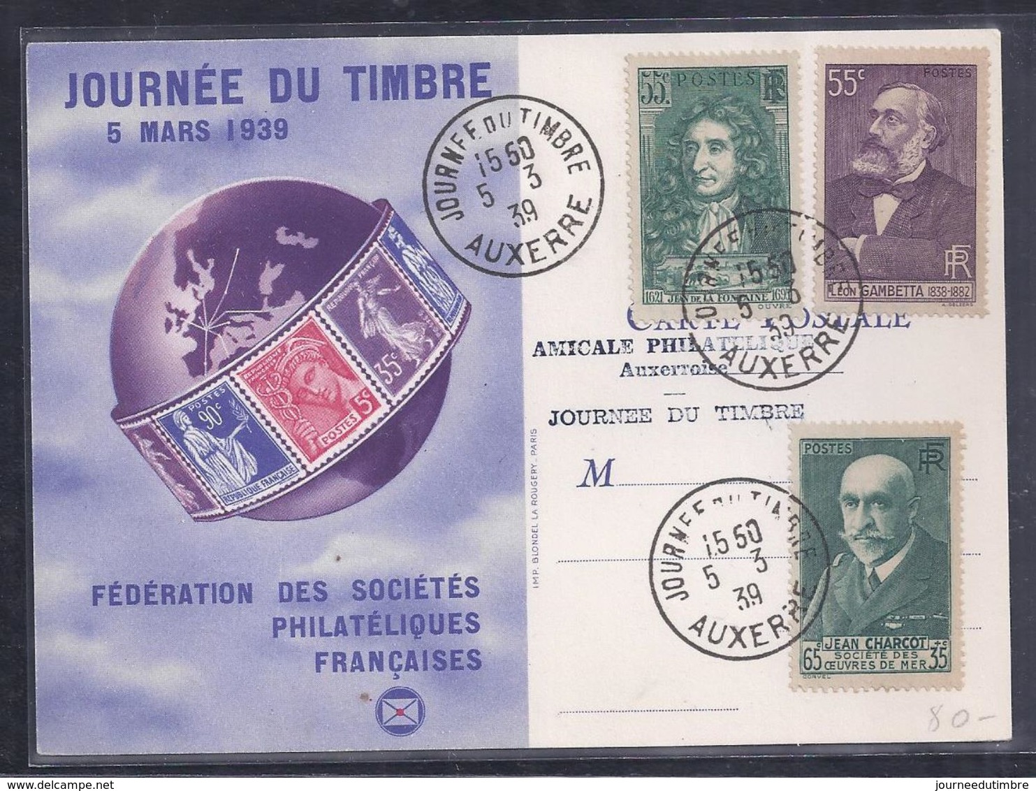 Carte Federale  Journee Du Timbre 1939 Auxerre Moliere Gambetta Charcot - Lettres & Documents