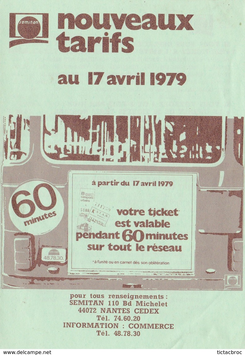 Ancien Dépliant Tarifs Autobus SEMITAN Boulevard Michelet 1979 Nantes - Other & Unclassified
