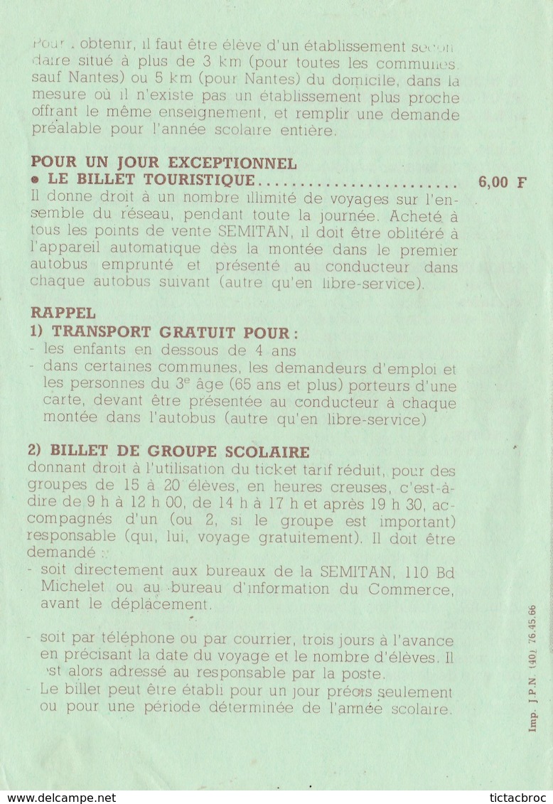 Ancien Dépliant Tarifs Autobus SEMITAN Boulevard Michelet 1979 Nantes - Other & Unclassified