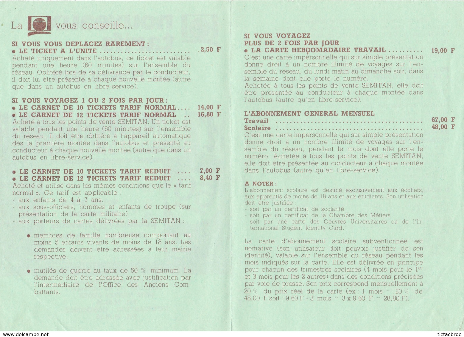 Ancien Dépliant Tarifs Autobus SEMITAN Boulevard Michelet 1979 Nantes - Other & Unclassified