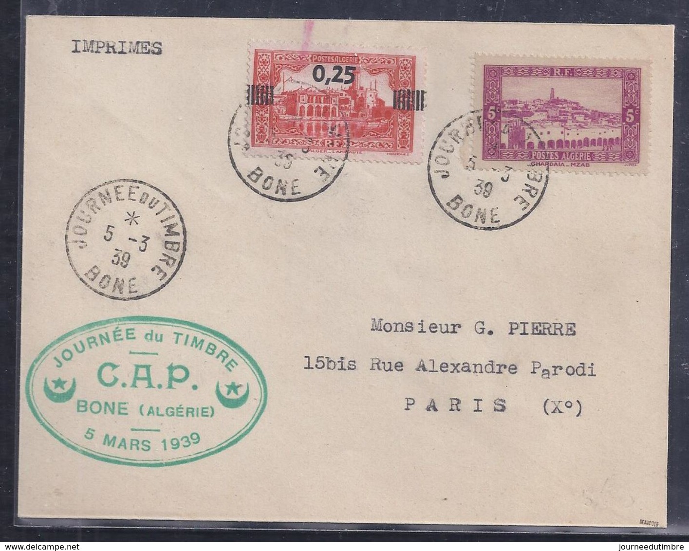 Enveloppe Locale  Journee Du Timbre 1939 Bone - Lettres & Documents