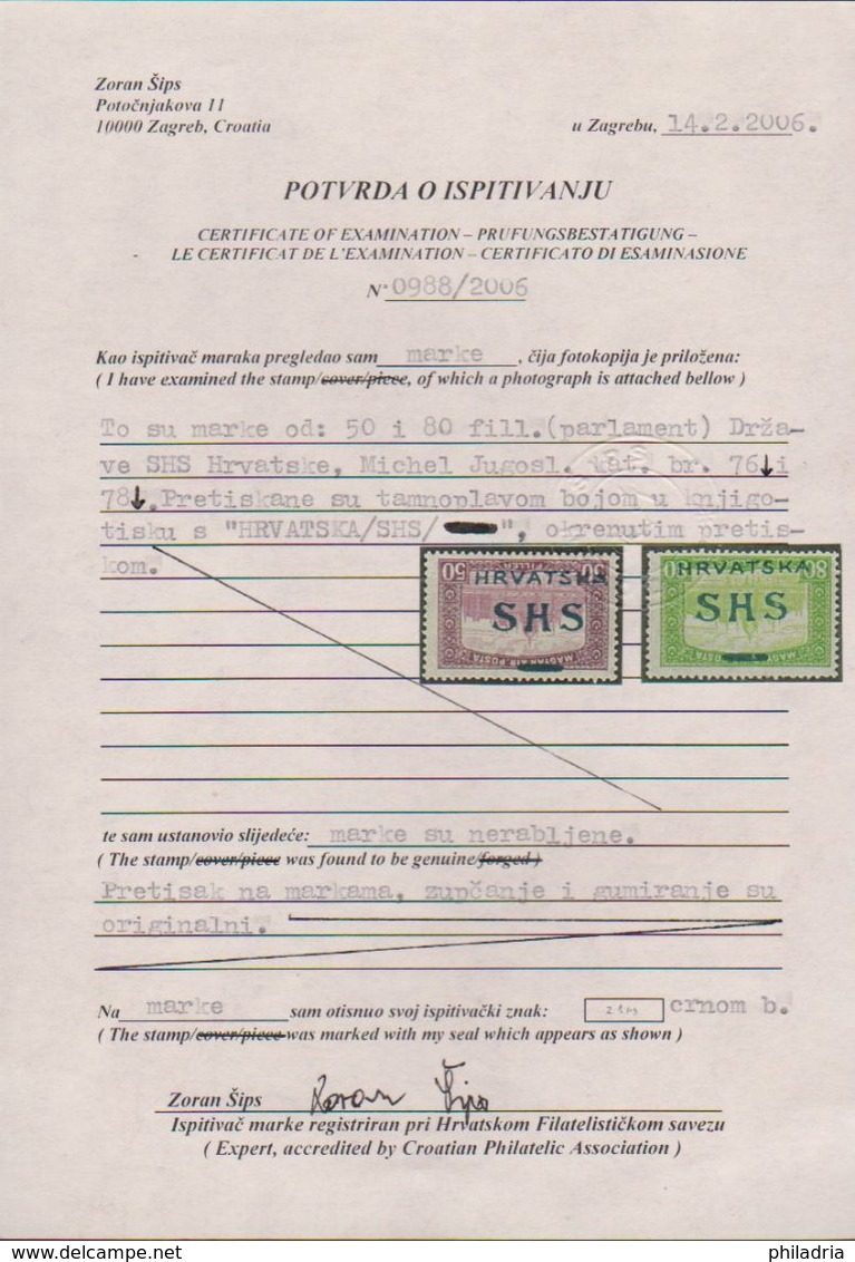 Croatia, Parliament, 50 And 80 Fil., Inverted Overprint, Mint (80 Fil. MNH), Certificate Šips - Nuovi