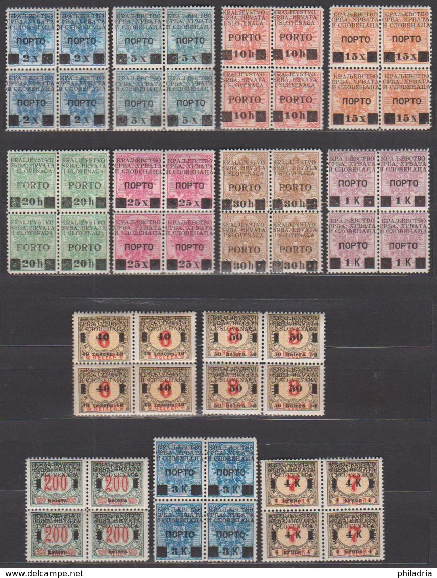 Bosnia SHS, Postage Due II., Complete Set, MNH Blocks Of Four, Michel P 14/26, Good Quality (3 K Prforation See Picture) - Nuovi