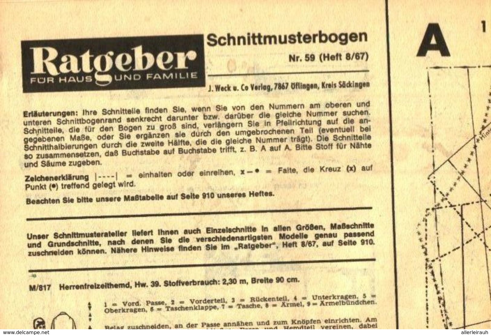 Schnittmusterbogen 59 /entnommen Aus Ratgeber Fuer Haus Und Familie /Datum Unbekannt - Bücherpakete