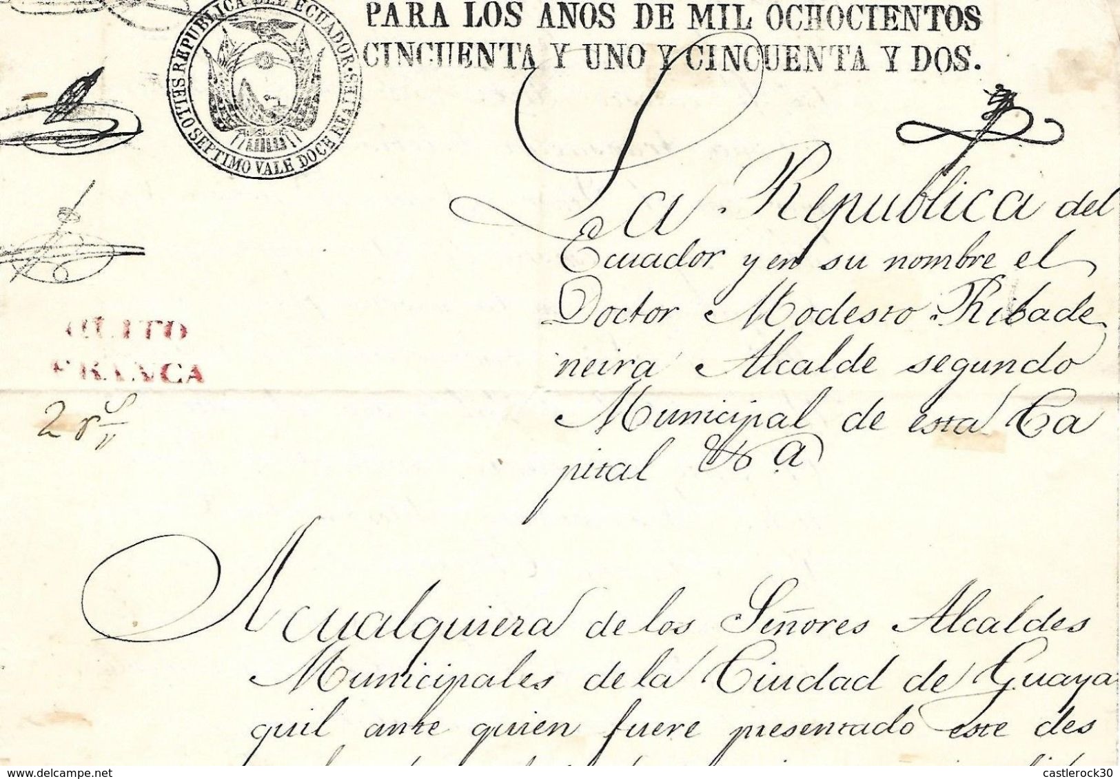 C) ECUADOR, QUITO FRANCA SELLO DE LA REPUBLICA DE ECUADOR 1851-1852 - Other & Unclassified