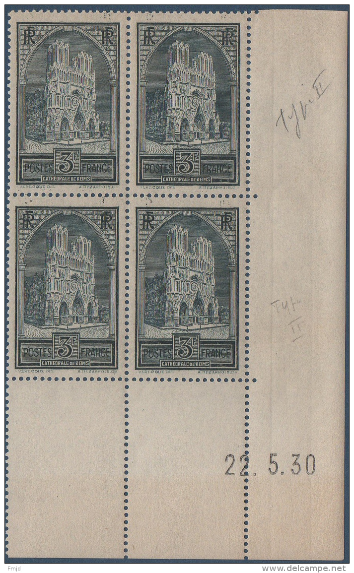 N°__259a COIN DATE CATHEDRALE DE REIMS AU TYPE II, TIMBRE NEUF ** 1929 - ....-1929