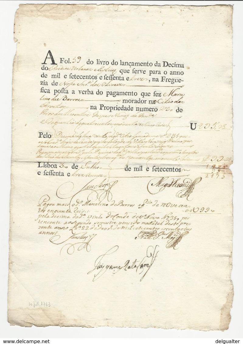 Receipt * Portugal * 1763 * Decima Predios Urbanos... * Freguezia De Nossa Snrª Dos Olivaez - Portugal