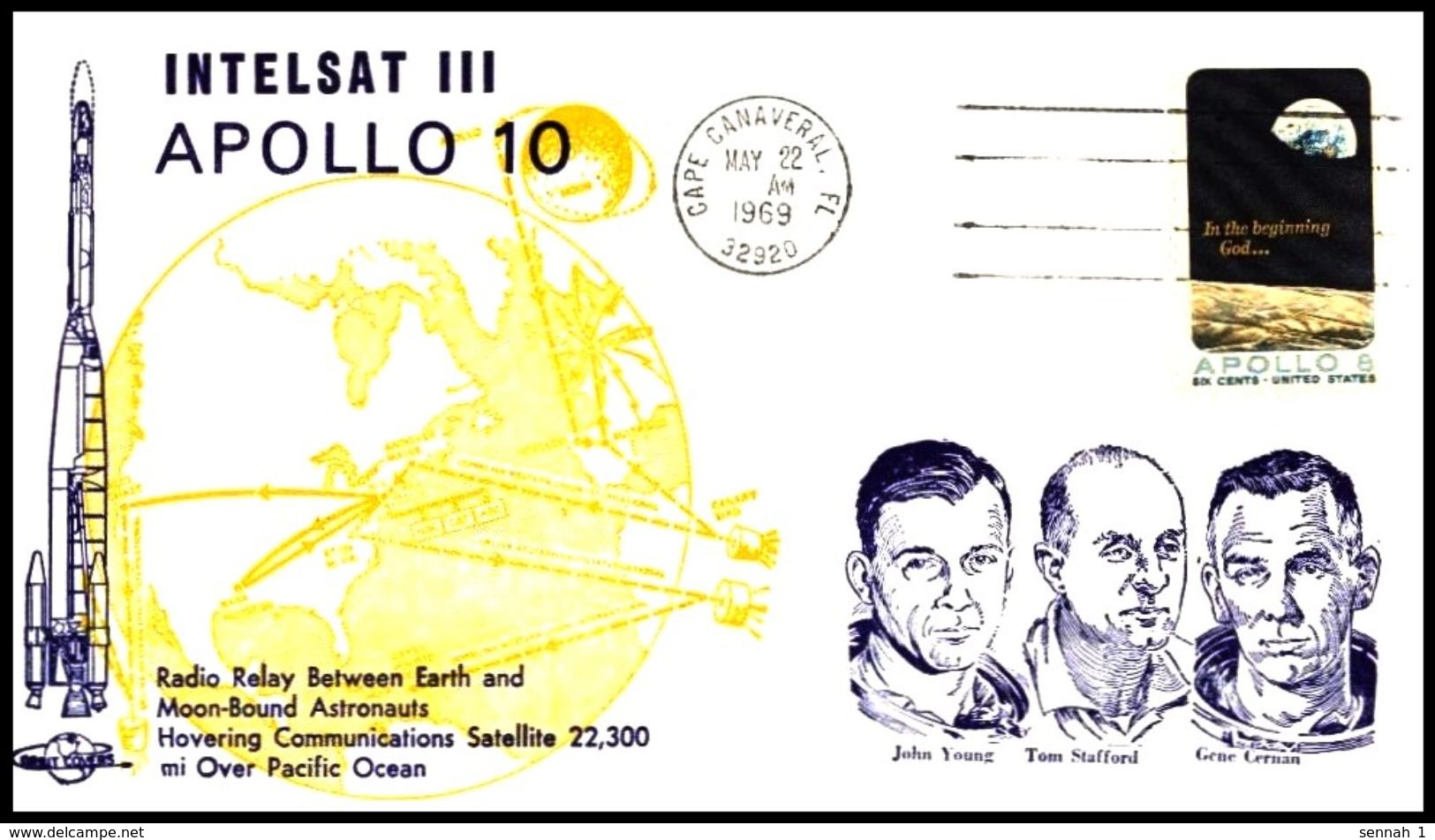 USA: 'Satellit Intelsat-3D & Apollo-10, 1969' / 'Communication Satellite In Space', Cape Canaveral - USA