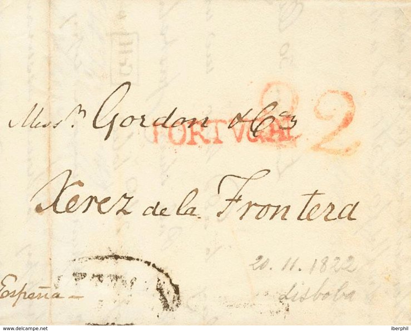 69 SOBRE. 1822. LISBOA A JEREZ DE LA FRONTERA. Marca PORTVGAL, En Rojo Aplicada En Tránsito Por Badajoz (P.E.18) Edición - ...-1850 Prephilately