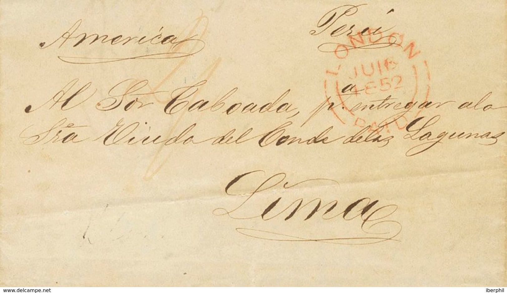 73 SOBRE. 1832. MADRID A LIMA (PERU), Posiblemente Encaminada Por "Propio" A Londres, Donde Se Deposita En El Correo. Fe - ...-1850 Prephilately