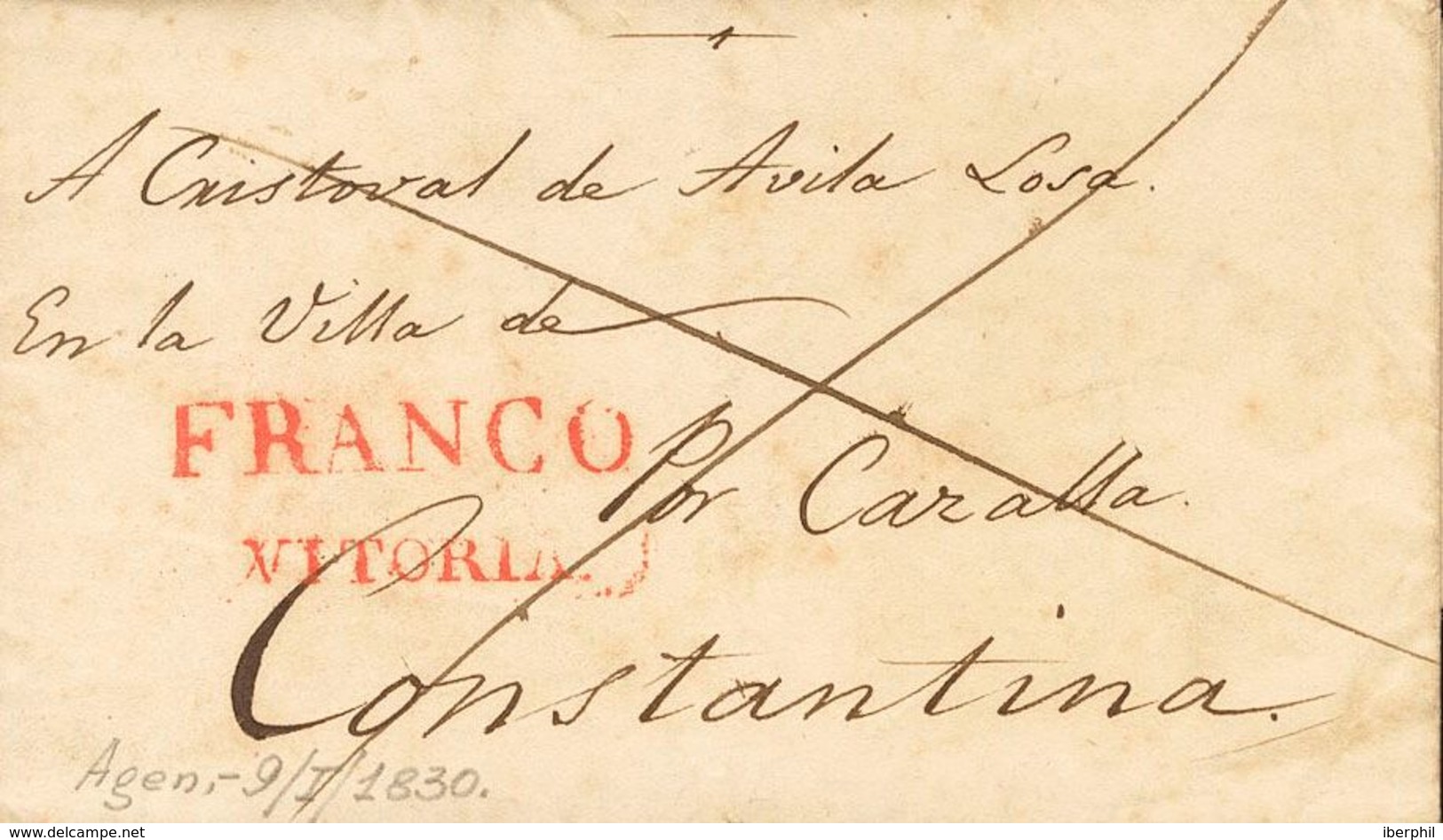 77 SOBRE. 1797. AGEN (FRANCIA) A CONSTANTINA, Depositada En El Correo De Vitoria. Marca FRANCO / VITORIA (P.E.25) Edició - ...-1850 Prephilately