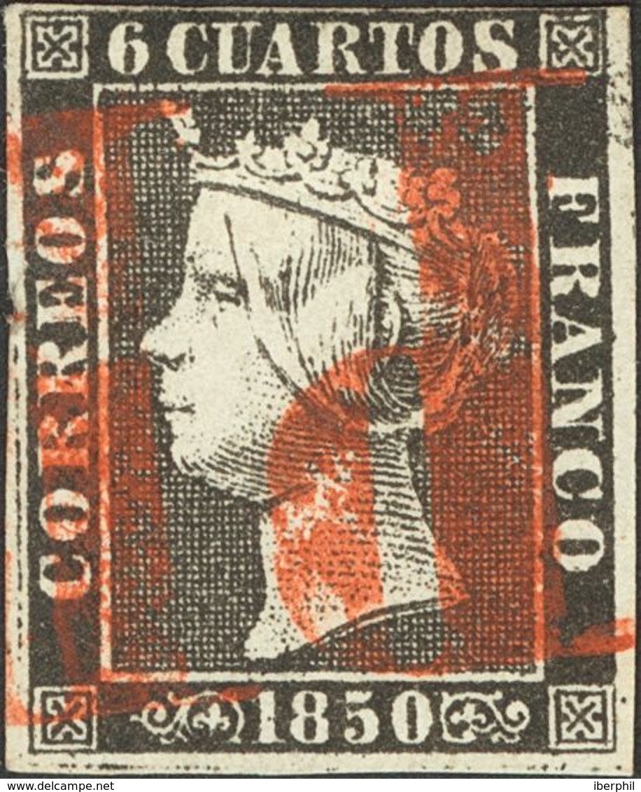 91 º 1. 1850. 6 Cuartos Negro (I-3). Matasello "P.P.", En Rojo De Salamanca. MAGNIFICA Y MUY RARA, ESPECIALMENTE CON EST - Other & Unclassified