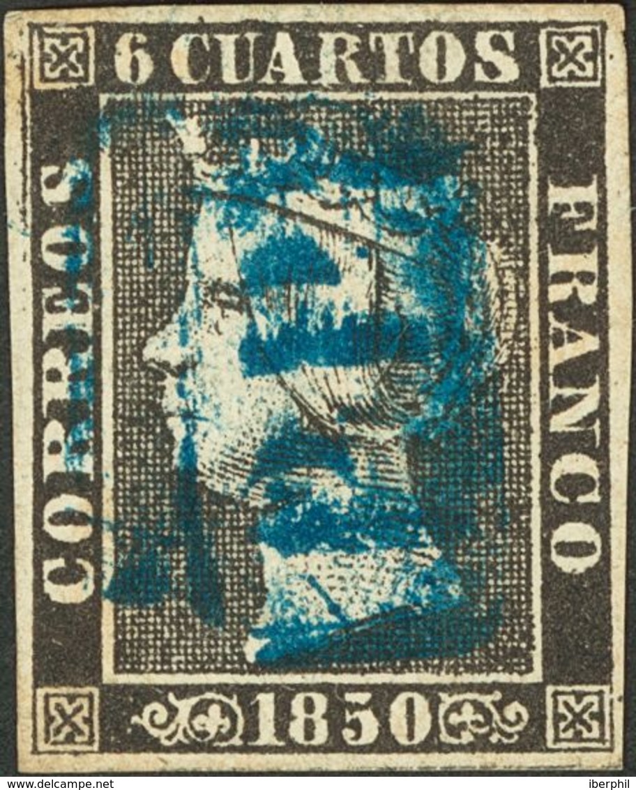 92 º 1. 1850. 6 Cuartos Negro (I-22). Matasello "P.P.", En Azul (doble Estampación). MAGNIFICO. - Other & Unclassified