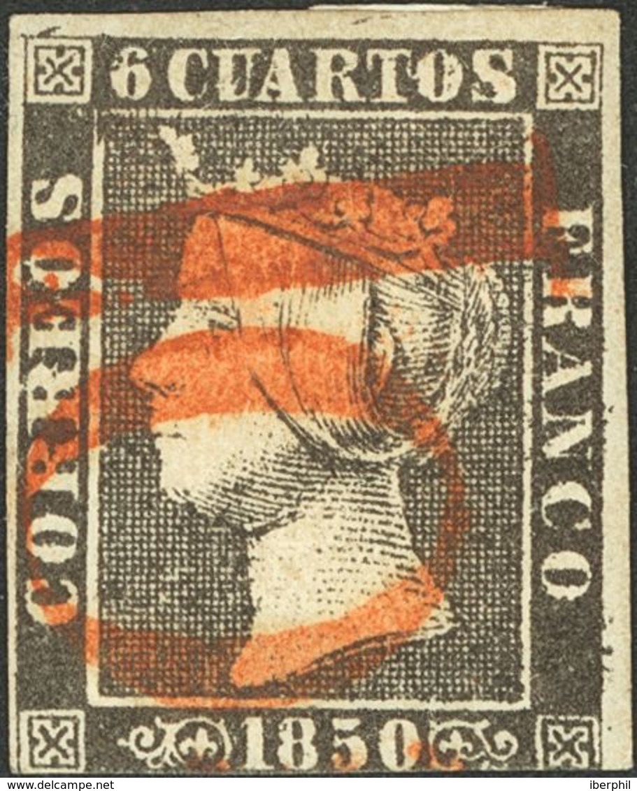93 º 1A. 1850. 6 Cuartos Negro (II-32). Matasello Prefilatélico "10 ½", En Rojo De Zaragoza. MAGNIFICO Y MUY RARO. Cert. - Sonstige & Ohne Zuordnung